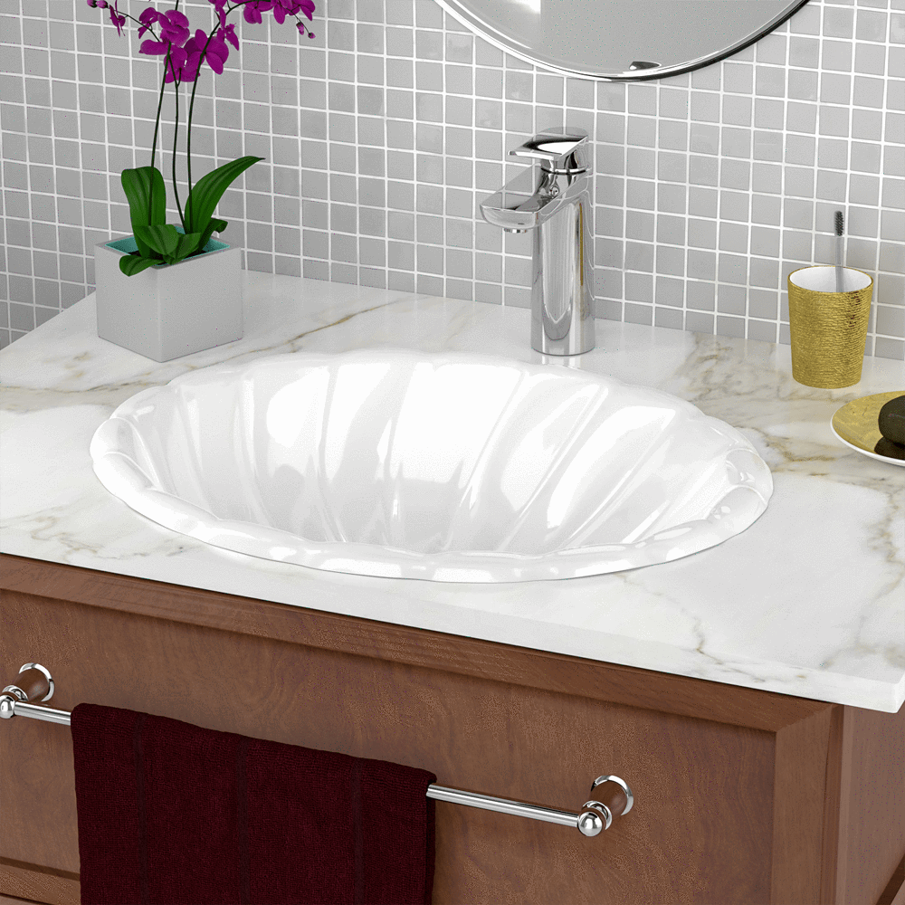 porcelain drop in bathroom sink on black counter